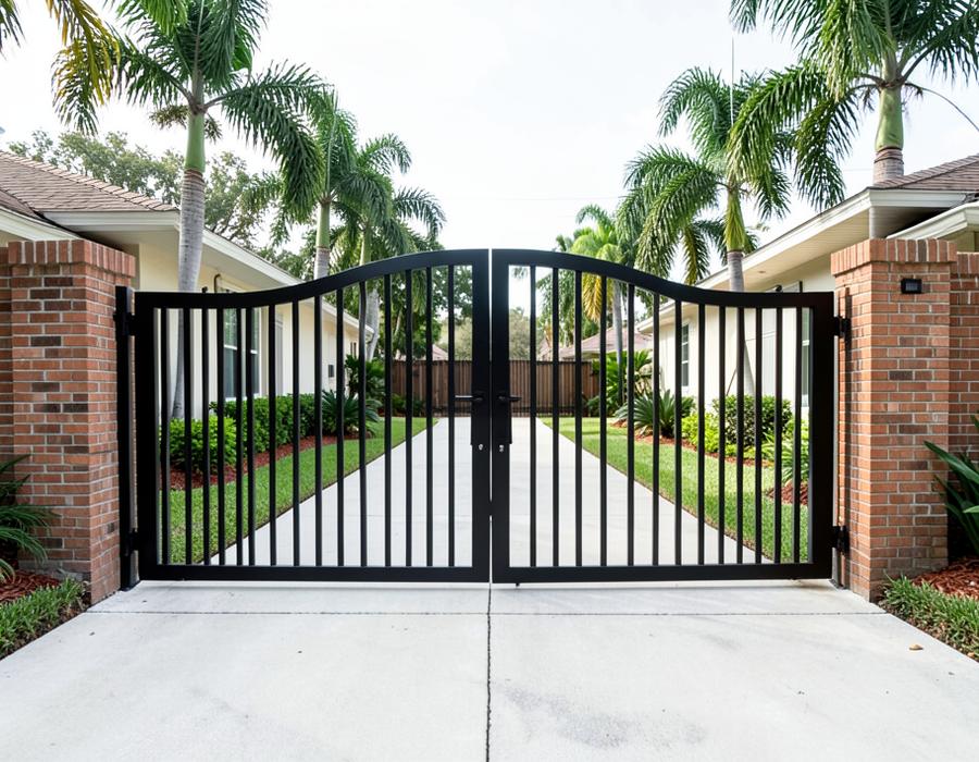 Black metal double driveway gate between brick columns