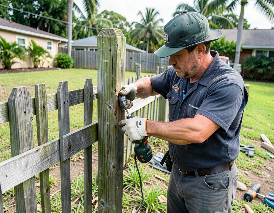 Technician repairing a wooden fence post