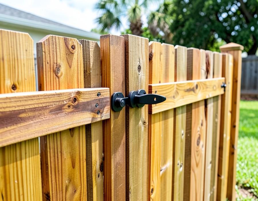 Wood fence gate with black latch hardware