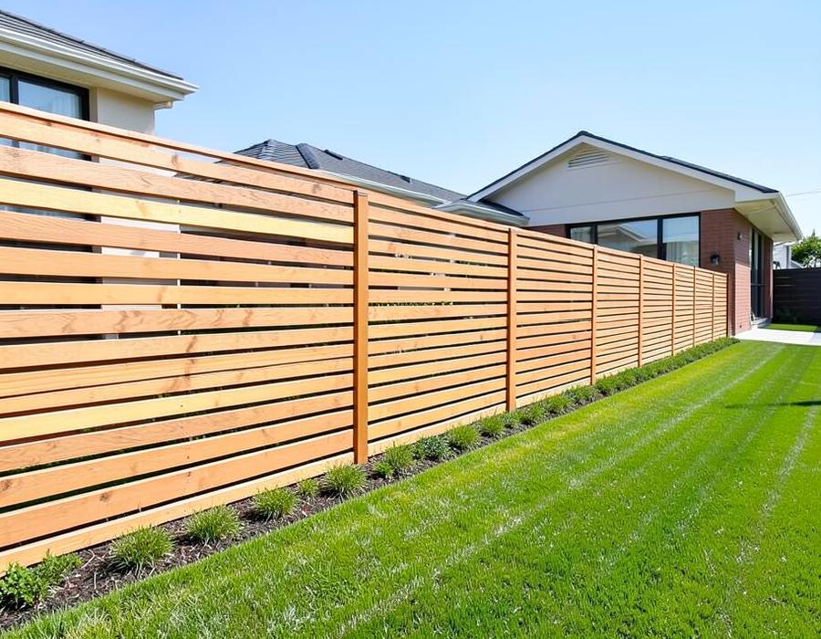 Horizontal slat wood privacy fence beside a lawn